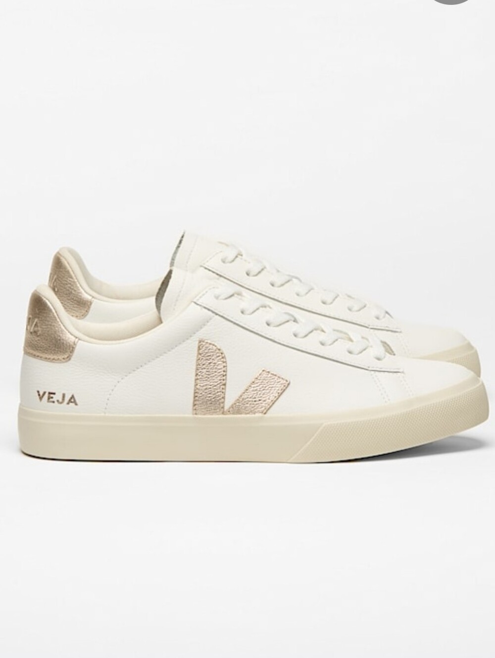 Veja Campo Low-Top Sneakers in White with Metallic Beige Accents